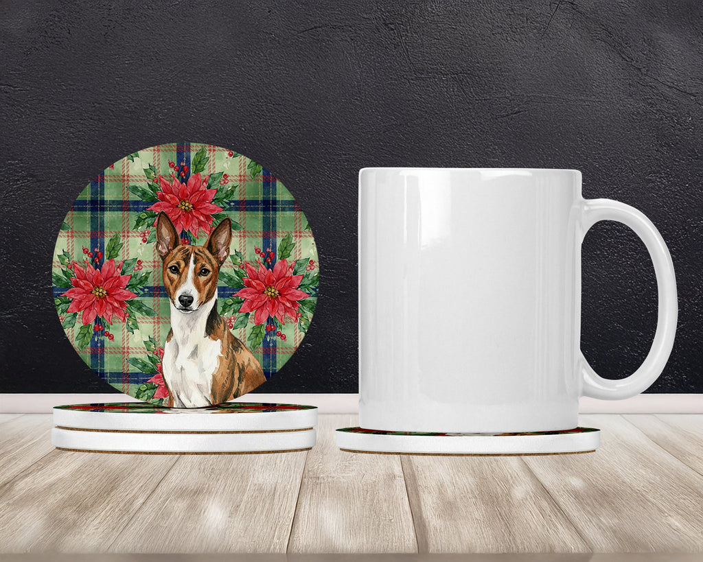 Brindle and White Basenji Christmas PoinsettIas Large Sandstone Coasters Pack of 4 Absorbent Round Coasters Decor Gifts for Men or Women, 4 in, Multicolor