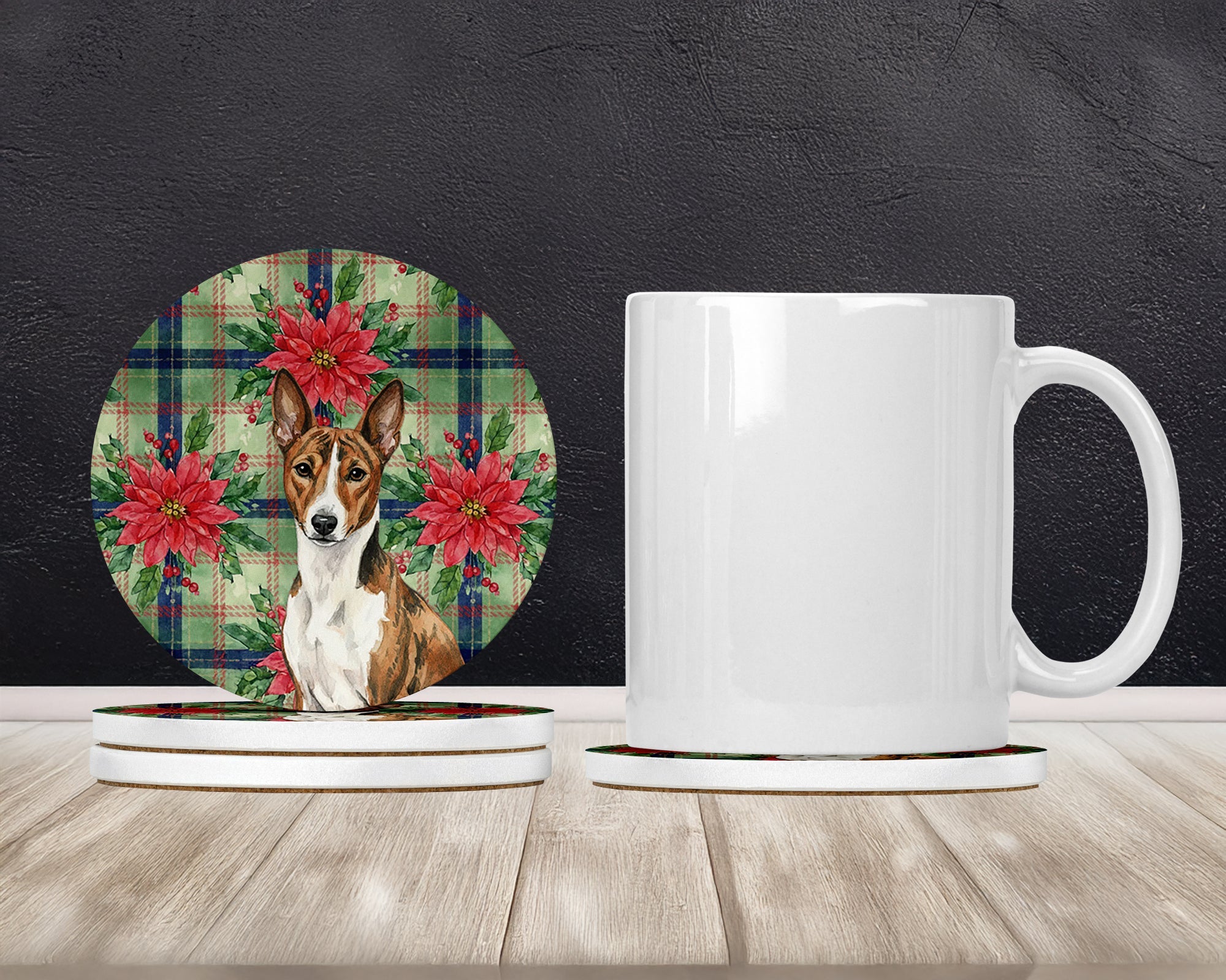 Brindle and White Basenji Christmas PoinsettIas Large Sandstone Coasters Pack of 4 Absorbent Round Coasters Decor Gifts for Men or Women, 4 in, Multicolor