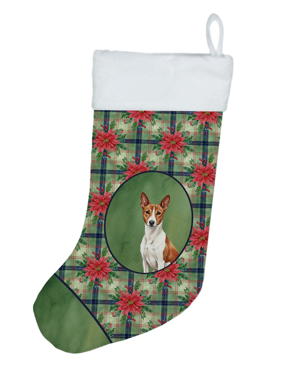 Red and White Basenji Christmas PoinsettIas Holiday Stocking Double-Sided Print, Polyester Suede,11x18, Made in USA