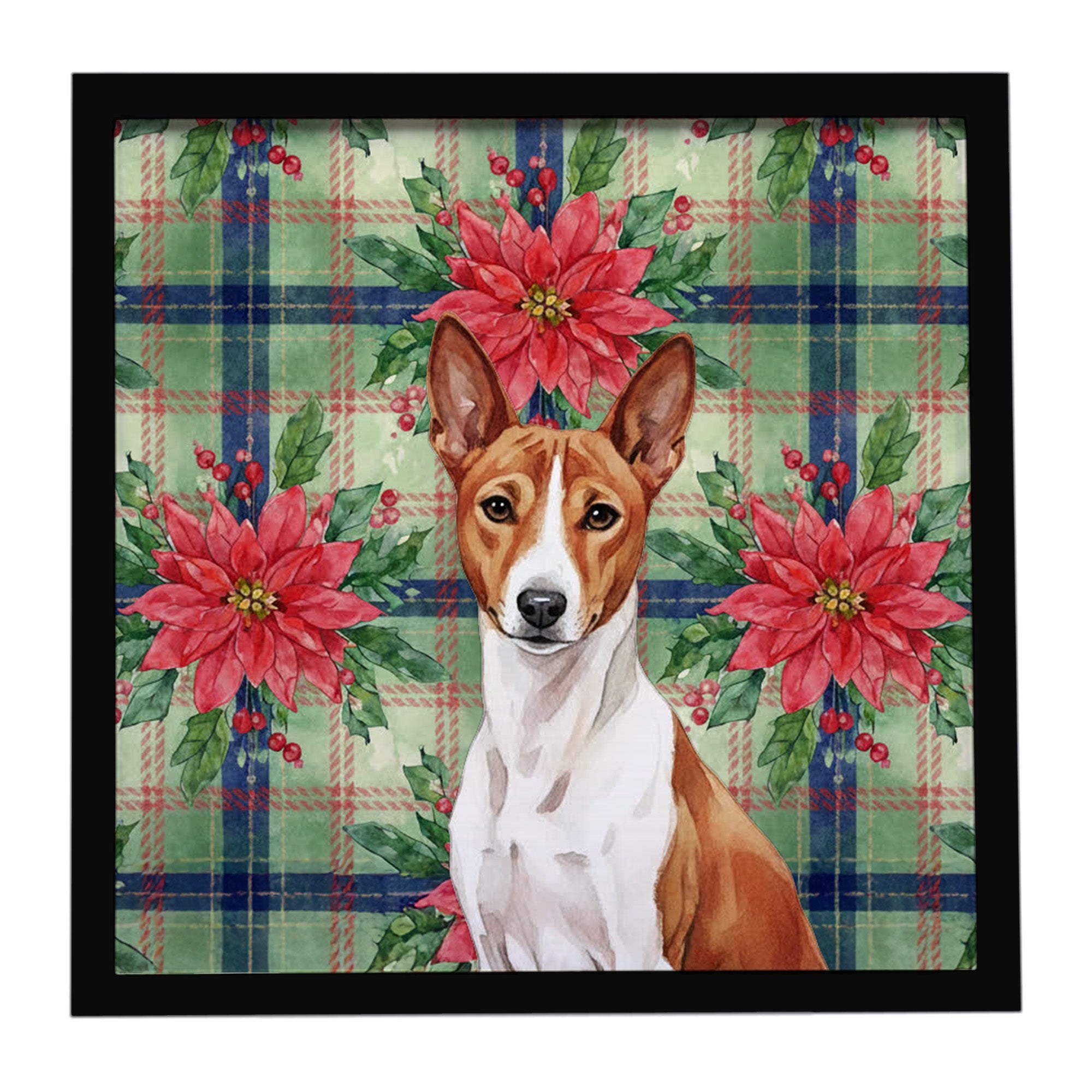 Red and White Basenji Christmas PoinsettIas Framed Metal Print Bathroom, Kitchen, Office, Home Decor Wall Art Ready to Hang, Square, 8X8