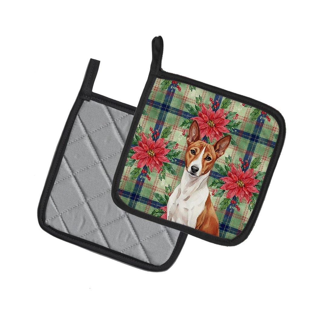 Red and White Basenji Christmas PoinsettIas Pot Holder Set of 2 Heat Resistant Quilted Hot Pads 7.5 x 7.5 Inch, Insulated Kitchen Trivets for Cooking & Baking