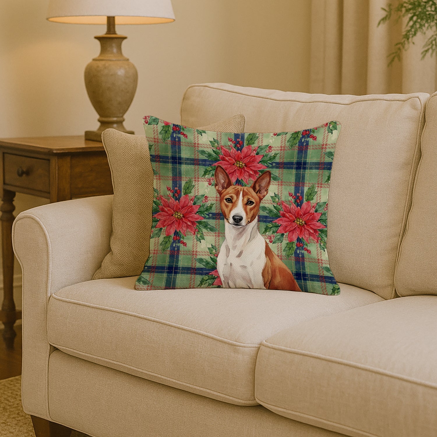 Red and White Basenji Christmas PoinsettIas Decorative Throw Pillow 14x14 Indoor Outdoor Accent Cushion, Fabric Cover with Insert for Sofa, Bed, Porch & Living Room
