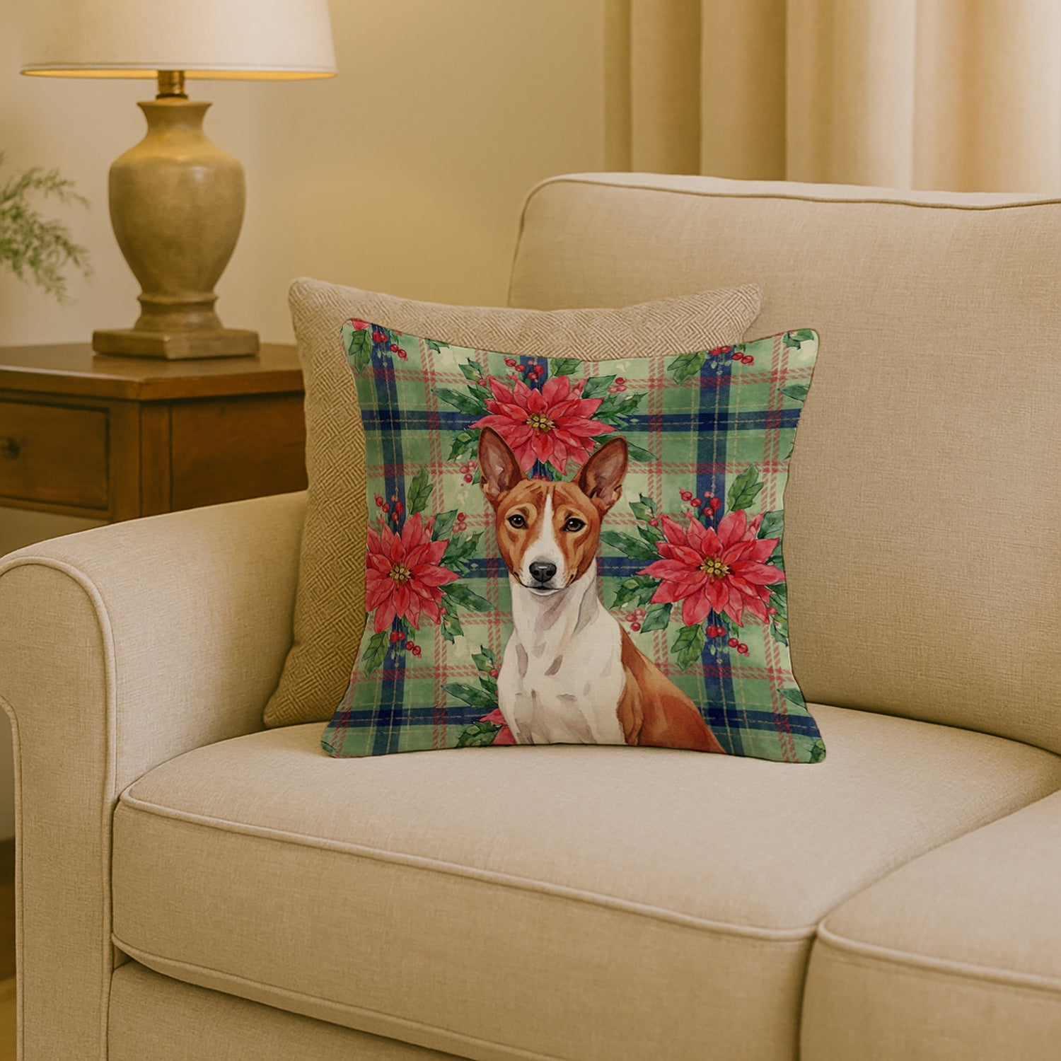 Red and White Basenji Christmas PoinsettIas Decorative Throw Pillow 18x18 Indoor Outdoor Accent Cushion, Fabric Cover with Insert for Sofa, Bed, Porch & Living Room
