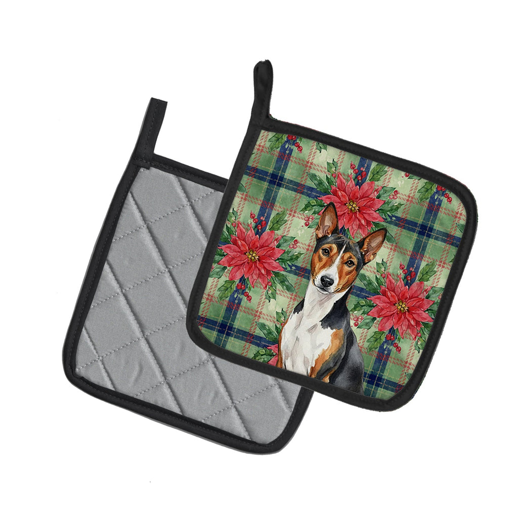 Tricolor and White Basenji Christmas PoinsettIas Pot Holder Set of 2 Heat Resistant Quilted Hot Pads 7.5 x 7.5 Inch, Insulated Kitchen Trivets for Cooking & Baking