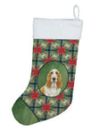 Lemon and White Basset Hound Christmas PoinsettIas Holiday Stocking Double-Sided Print, Polyester Suede,11x18, Made in USA