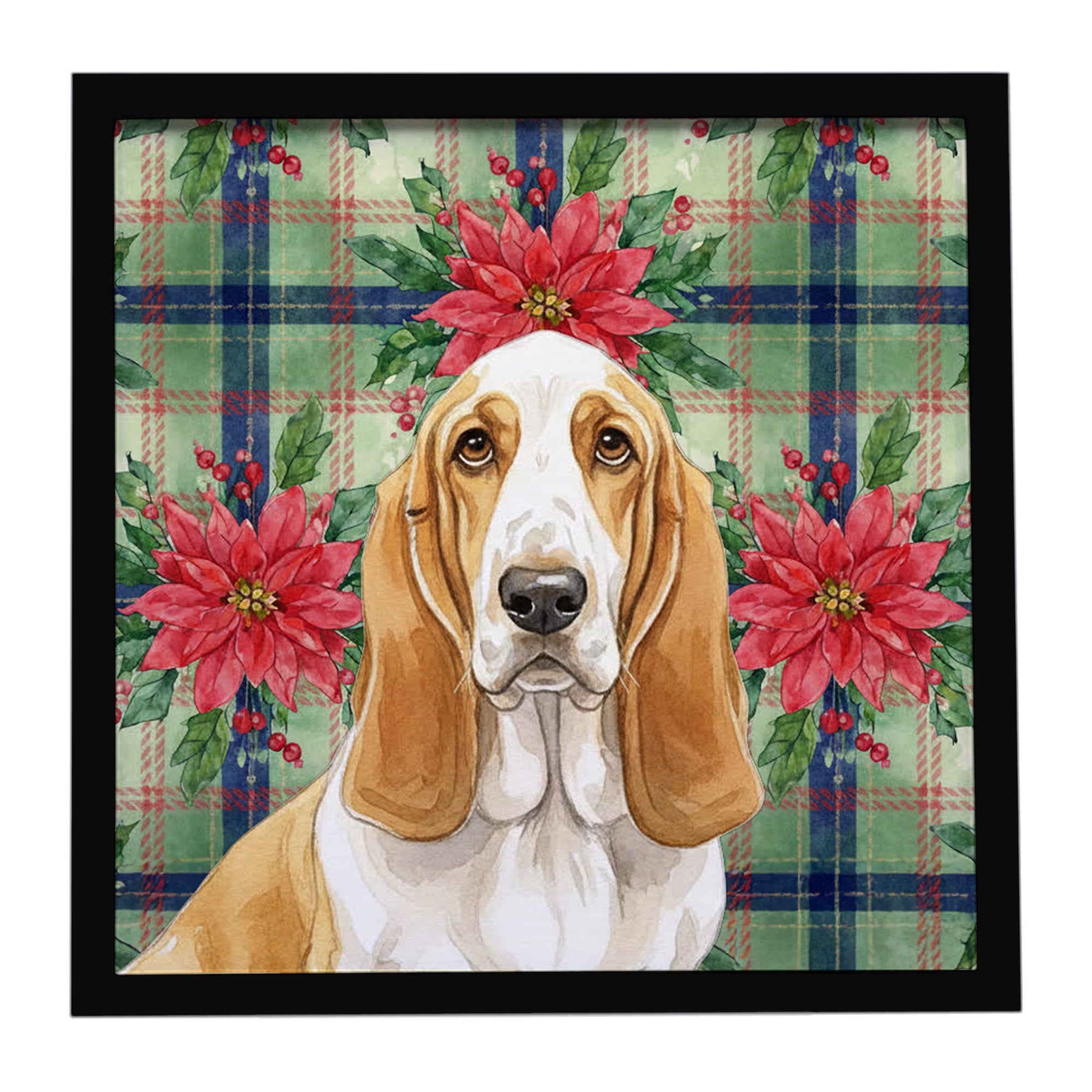 Lemon and White Basset Hound Christmas PoinsettIas Framed Metal Print Bathroom, Kitchen, Office, Home Decor Wall Art Ready to Hang, Square, 8X8