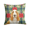 Lemon and White Basset Hound Christmas PoinsettIas Decorative Throw Pillow 14x14 Indoor Outdoor Accent Cushion, Fabric Cover with Insert for Sofa, Bed, Porch & Living Room