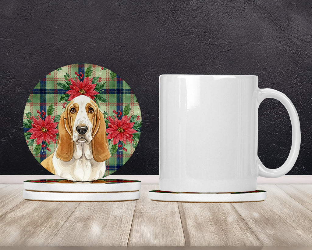 Lemon and White Basset Hound Christmas PoinsettIas Large Sandstone Coasters Pack of 4 Absorbent Round Coasters Decor Gifts for Men or Women, 4 in, Multicolor