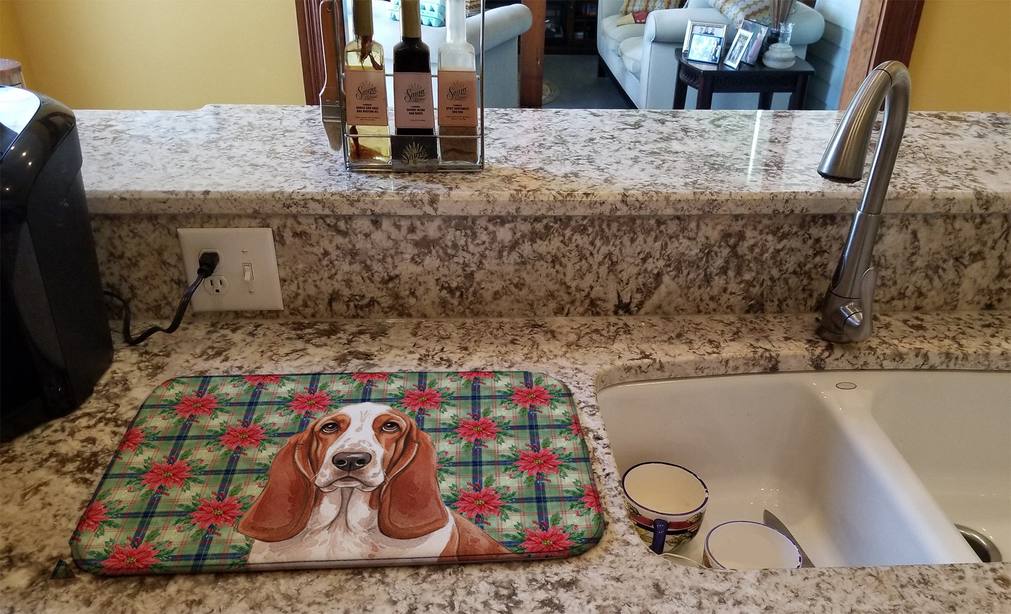 Red and White Basset Hound Christmas PoinsettIas Dish Drying Mat Absorbent Dish Drying Mat Pad for Kitchen Counter Dish Drainer Mat for Countertop, 14 x 21", Multicolor