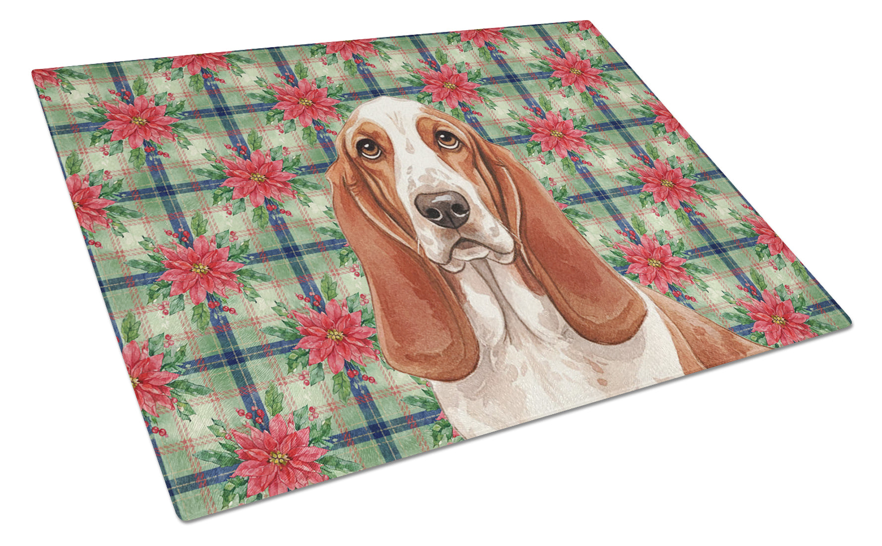 Red and White Basset Hound Christmas PoinsettIas Cutting Board Tempered Glass Kitchen Cutting Surface, Heat Resistant Chopping, Non-Slip Feet, Food Prep & Serving