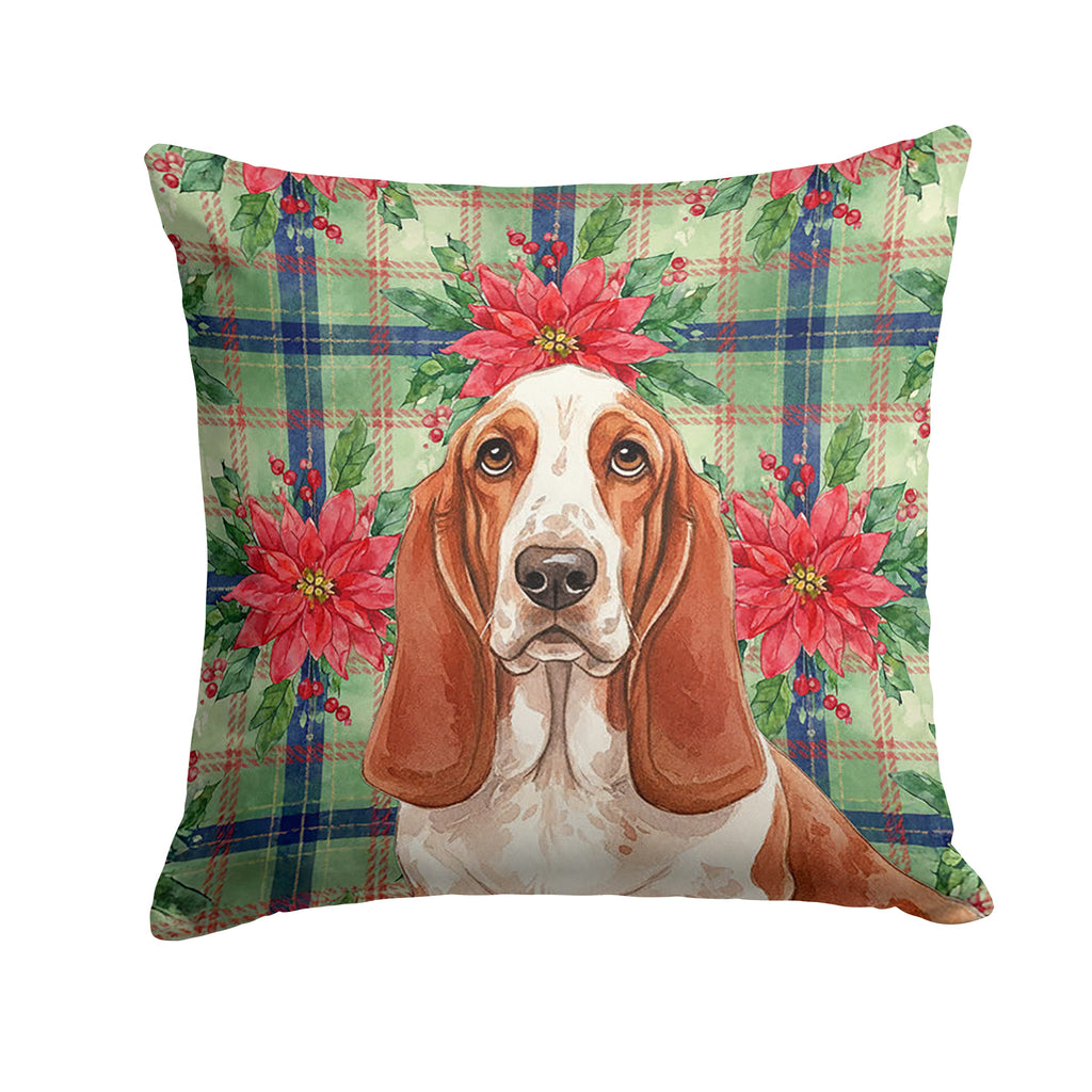 Red and White Basset Hound Christmas PoinsettIas Decorative Throw Pillow 14x14 Indoor Outdoor Accent Cushion, Fabric Cover with Insert for Sofa, Bed, Porch & Living Room