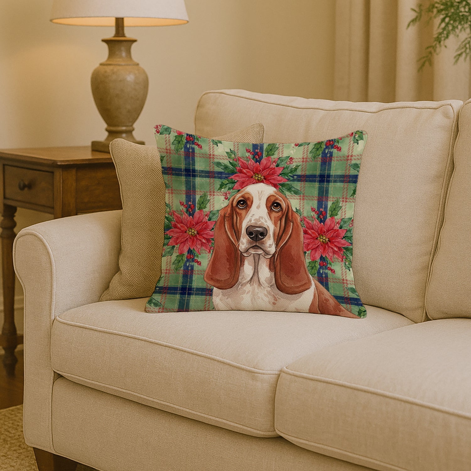 Red and White Basset Hound Christmas PoinsettIas Decorative Throw Pillow 14x14 Indoor Outdoor Accent Cushion, Fabric Cover with Insert for Sofa, Bed, Porch & Living Room