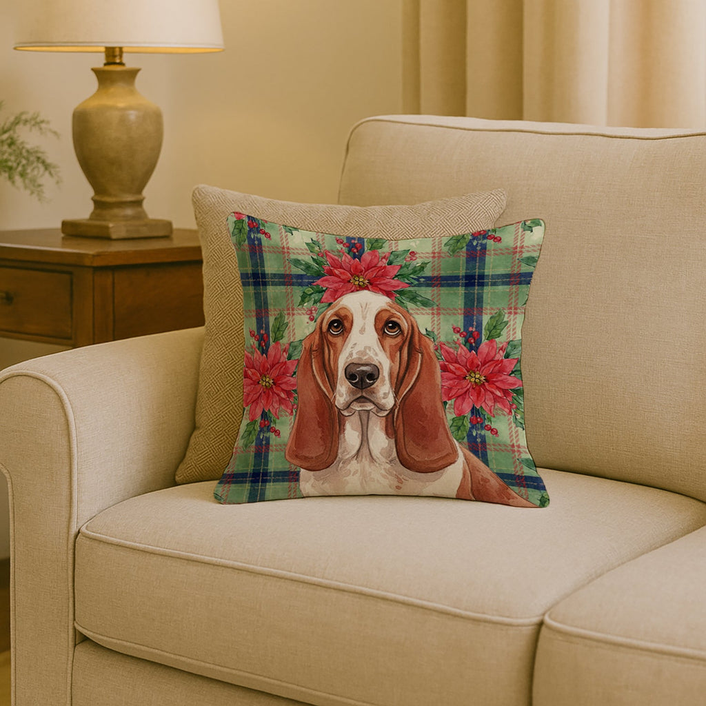 Red and White Basset Hound Christmas PoinsettIas Decorative Throw Pillow 18x18 Indoor Outdoor Accent Cushion, Fabric Cover with Insert for Sofa, Bed, Porch & Living Room