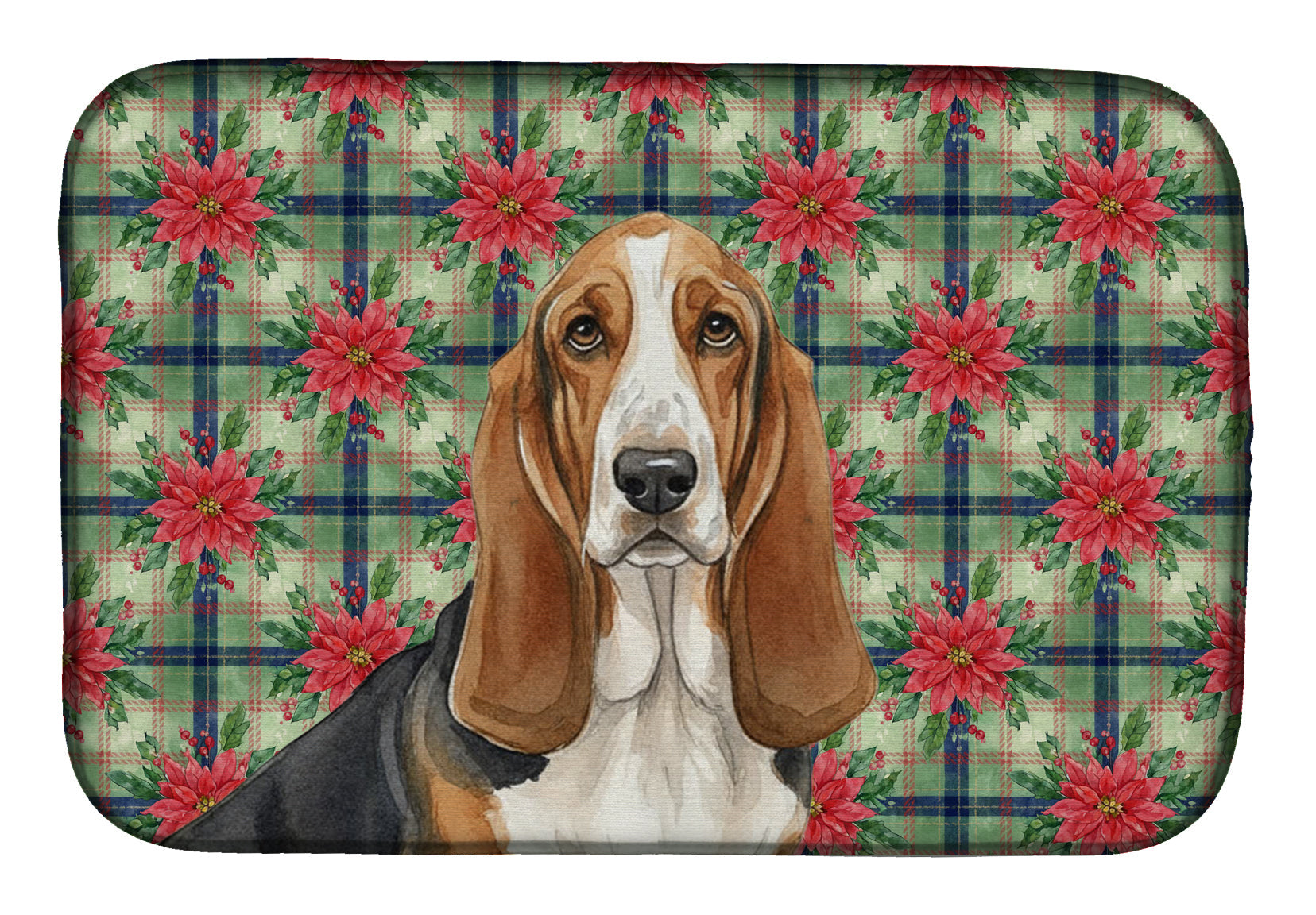 Tricolor and White Basset Hound Christmas PoinsettIas Dish Drying Mat Absorbent Dish Drying Mat Pad for Kitchen Counter Dish Drainer Mat for Countertop, 14 x 21", Multicolor