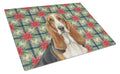 Tricolor and White Basset Hound Christmas PoinsettIas Cutting Board Tempered Glass Kitchen Cutting Surface, Heat Resistant Chopping, Non-Slip Feet, Food Prep & Serving