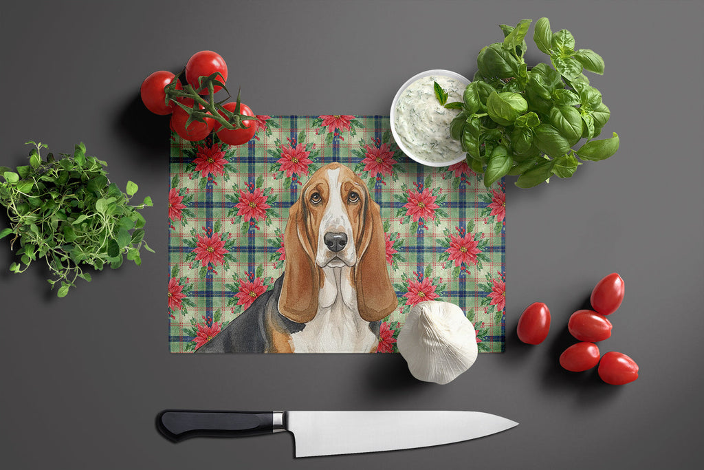 Tricolor and White Basset Hound Christmas PoinsettIas Cutting Board Tempered Glass Kitchen Cutting Surface, Heat Resistant Chopping, Non-Slip Feet, Food Prep & Serving