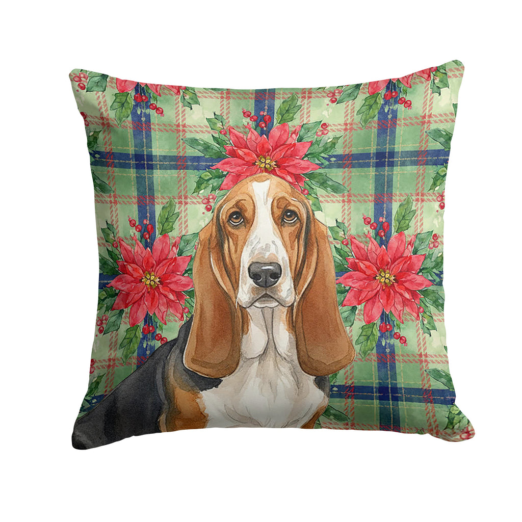 Tricolor and White Basset Hound Christmas PoinsettIas Decorative Throw Pillow 14x14 Indoor Outdoor Accent Cushion, Fabric Cover with Insert for Sofa, Bed, Porch & Living Room