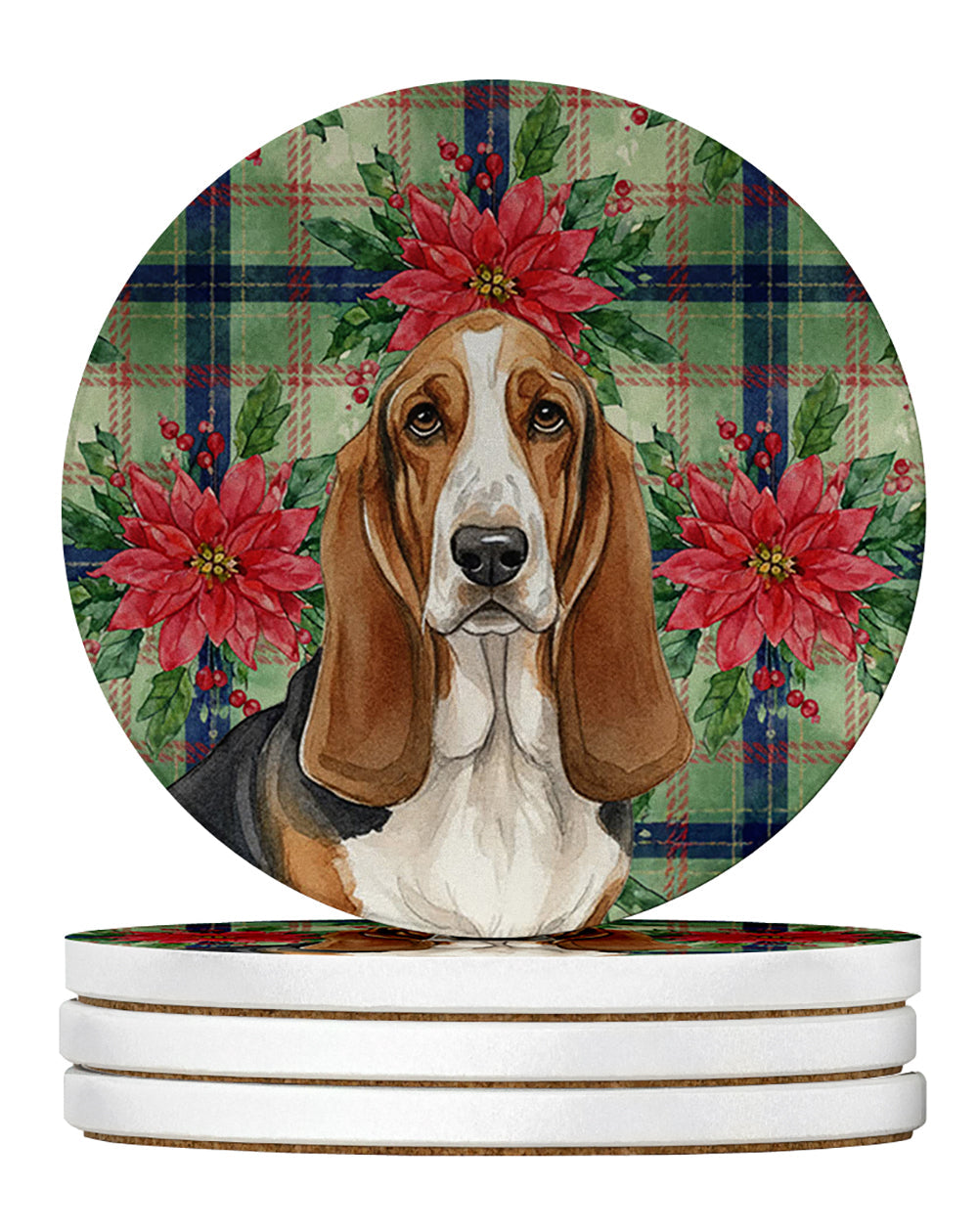 Tricolor and White Basset Hound Christmas PoinsettIas Large Sandstone Coasters Pack of 4 Absorbent Round Coasters Decor Gifts for Men or Women, 4 in, Multicolor