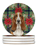 Tricolor and White Basset Hound Christmas PoinsettIas Large Sandstone Coasters Pack of 4 Absorbent Round Coasters Decor Gifts for Men or Women, 4 in, Multicolor