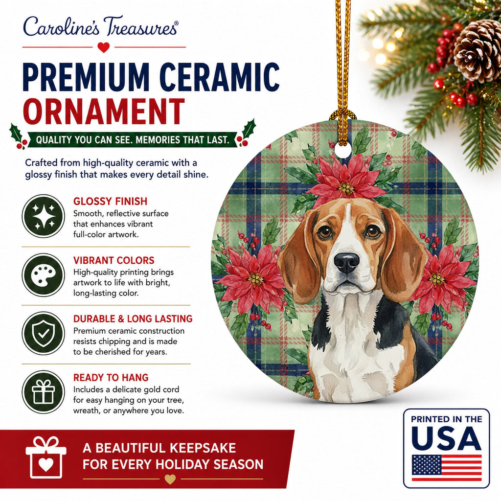 Beagle Christmas PoinsettIas Ceramic Ornament Christmas Tree Hanging Decorations for Home Christmas Holiday, Party, Gift, 3 in, Multicolor