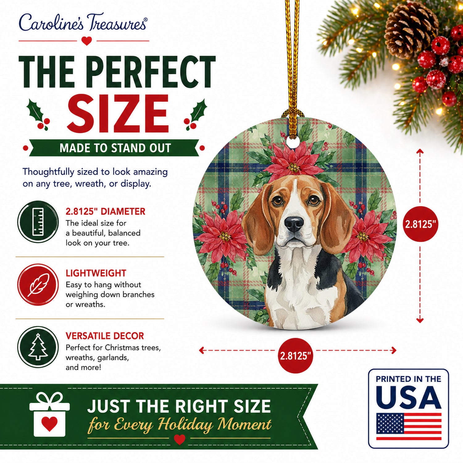 Beagle Christmas PoinsettIas Ceramic Ornament Christmas Tree Hanging Decorations for Home Christmas Holiday, Party, Gift, 3 in, Multicolor