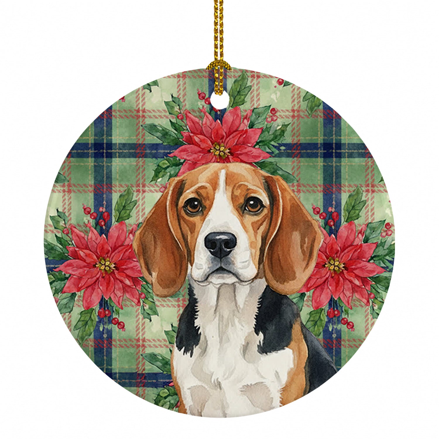 Beagle Christmas PoinsettIas Ceramic Ornament Christmas Tree Hanging Decorations for Home Christmas Holiday, Party, Gift, 3 in, Multicolor