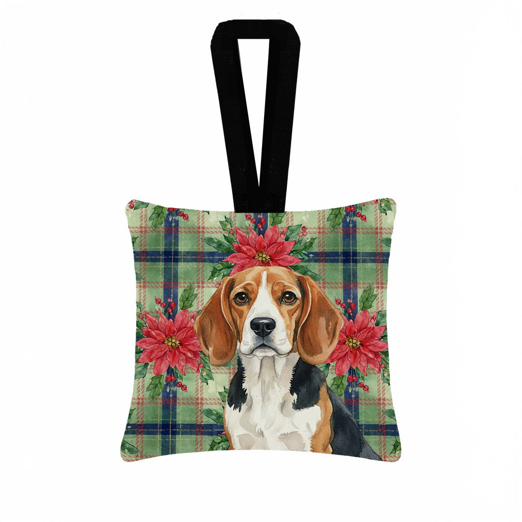 Beagle Christmas PoinsettIas Hanging Square Fabric Ornament 3.5 � 3.5 Decorative Door-Knob & Tree Hanger, Soft Fabric
