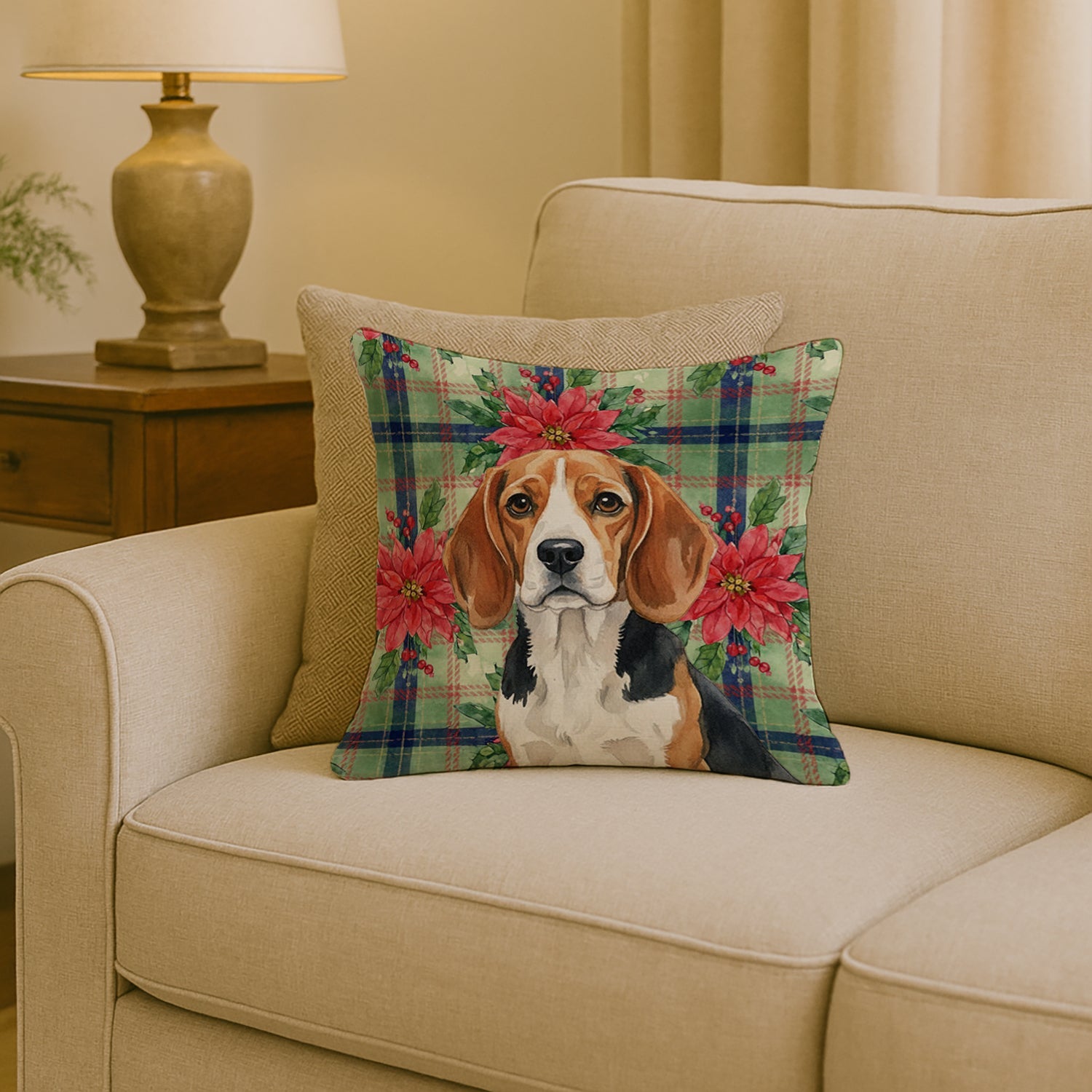 Beagle Christmas PoinsettIas Decorative Throw Pillow 18x18 Indoor Outdoor Accent Cushion, Fabric Cover with Insert for Sofa, Bed, Porch & Living Room