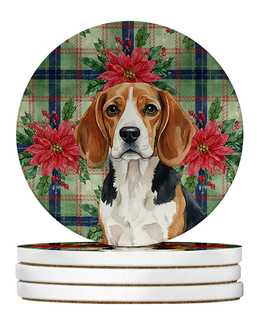 Beagle Christmas PoinsettIas Large Sandstone Coasters Pack of 4 Absorbent Round Coasters Decor Gifts for Men or Women, 4 in, Multicolor
