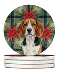 Beagle Christmas PoinsettIas Large Sandstone Coasters Pack of 4 Absorbent Round Coasters Decor Gifts for Men or Women, 4 in, Multicolor