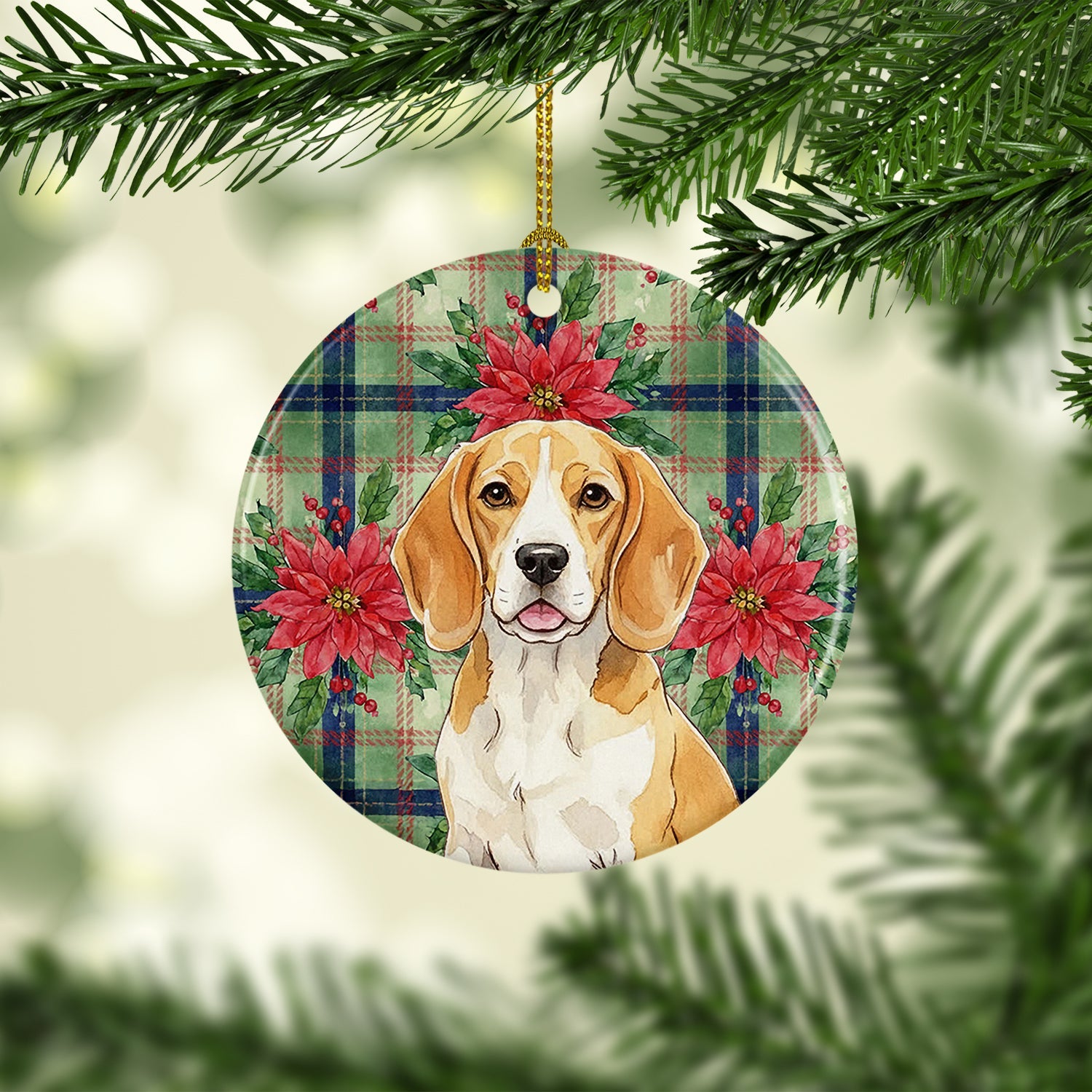 Lemon and White Beagle Christmas PoinsettIas Ceramic Ornament Christmas Tree Hanging Decorations for Home Christmas Holiday, Party, Gift, 3 in, Multicolor