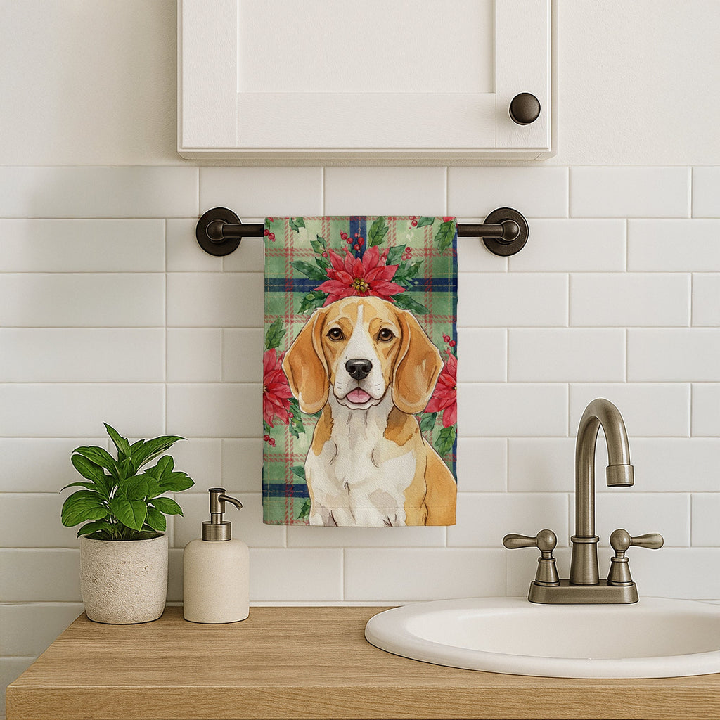Lemon and White Beagle Christmas PoinsettIas Kitchen Towel Velour Plush Front and Cotton Loop Back Machine Washable