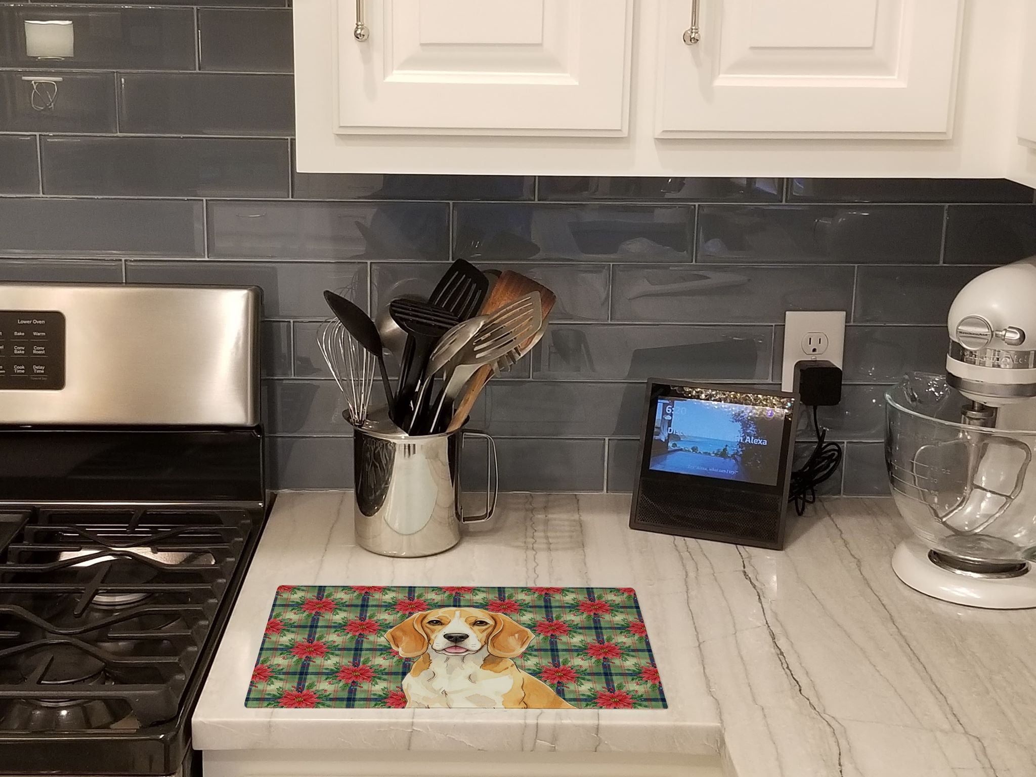 Lemon and White Beagle Christmas PoinsettIas Cutting Board Tempered Glass Kitchen Cutting Surface, Heat Resistant Chopping, Non-Slip Feet, Food Prep & Serving