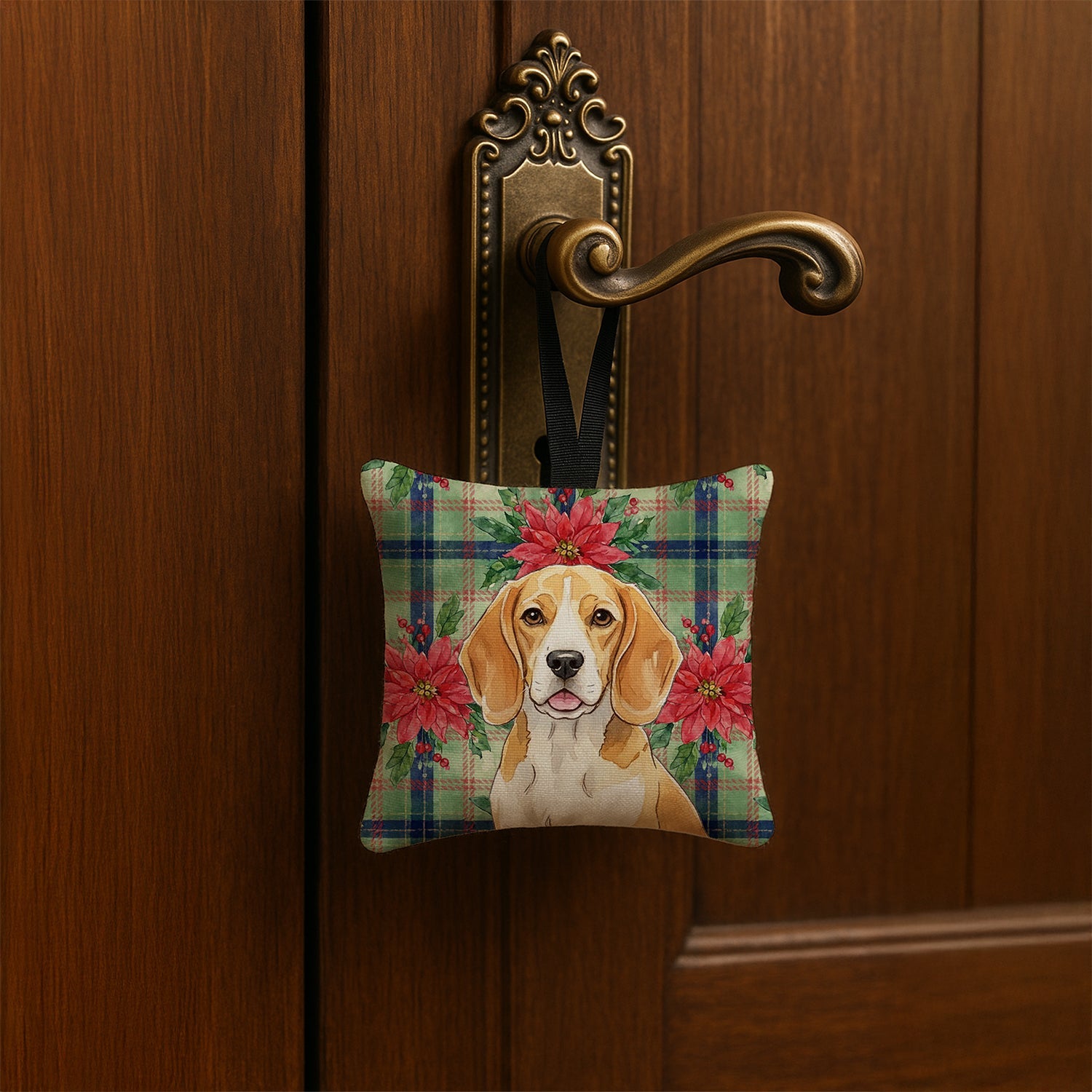 Lemon and White Beagle Christmas PoinsettIas Hanging Square Fabric Ornament 3.5 � 3.5 Decorative Door-Knob & Tree Hanger, Soft Fabric