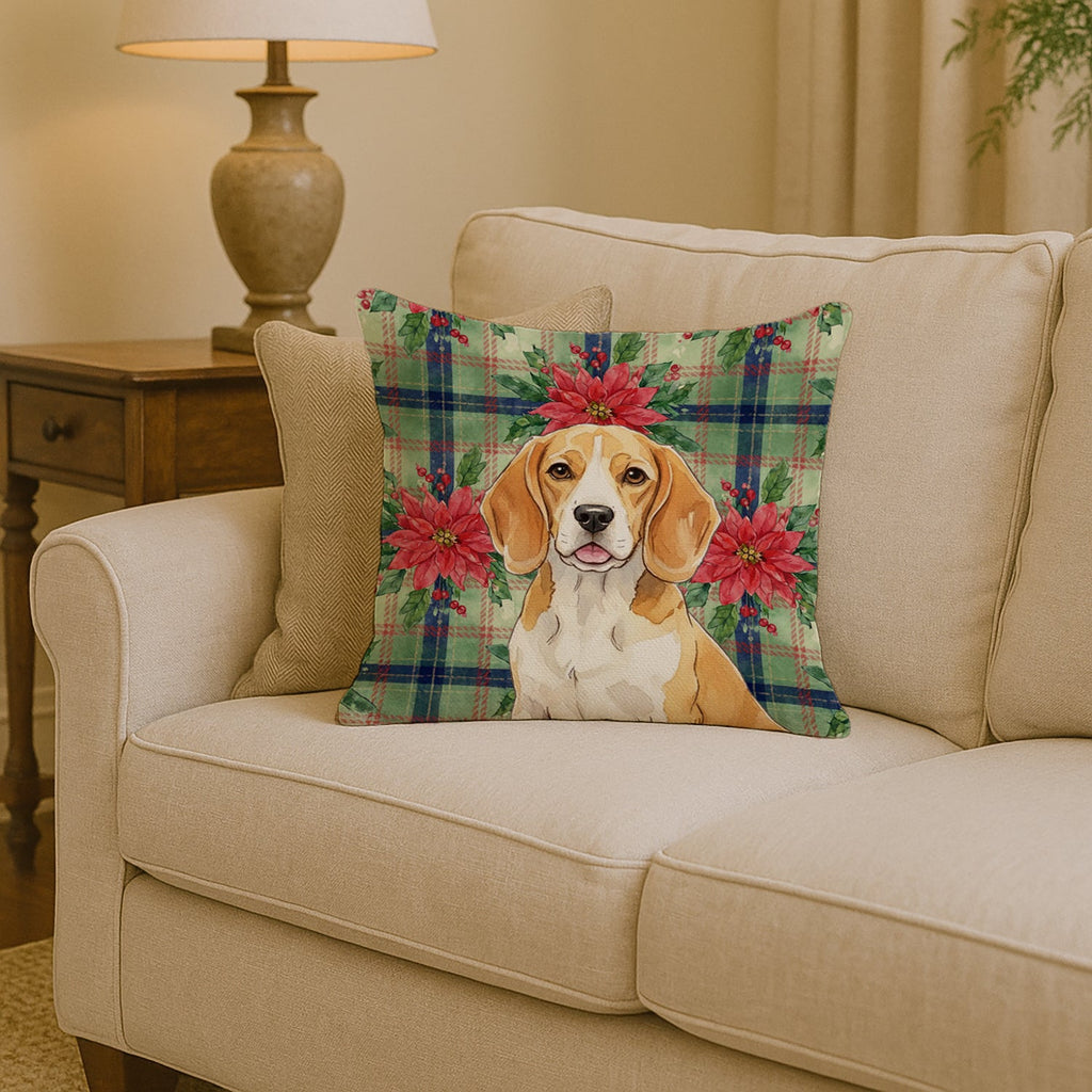 Lemon and White Beagle Christmas PoinsettIas Decorative Throw Pillow 14x14 Indoor Outdoor Accent Cushion, Fabric Cover with Insert for Sofa, Bed, Porch & Living Room