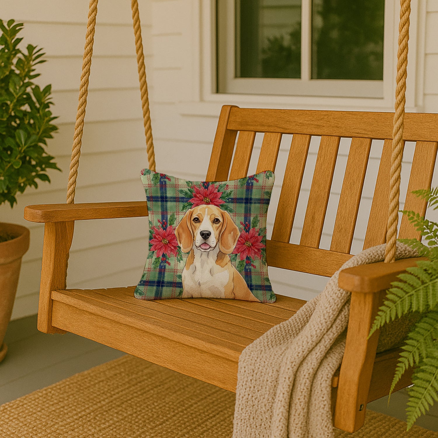 Lemon and White Beagle Christmas PoinsettIas Decorative Throw Pillow 14x14 Indoor Outdoor Accent Cushion, Fabric Cover with Insert for Sofa, Bed, Porch & Living Room