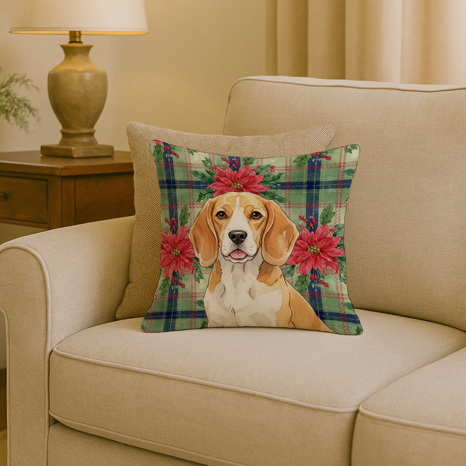 Lemon and White Beagle Christmas PoinsettIas Decorative Throw Pillow 18x18 Indoor Outdoor Accent Cushion, Fabric Cover with Insert for Sofa, Bed, Porch & Living Room