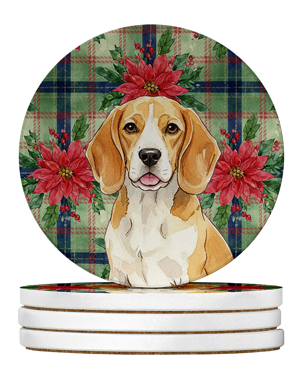 Lemon and White Beagle Christmas PoinsettIas Large Sandstone Coasters Pack of 4 Absorbent Round Coasters Decor Gifts for Men or Women, 4 in, Multicolor