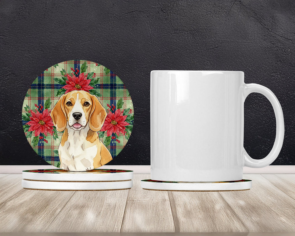 Lemon and White Beagle Christmas PoinsettIas Large Sandstone Coasters Pack of 4 Absorbent Round Coasters Decor Gifts for Men or Women, 4 in, Multicolor
