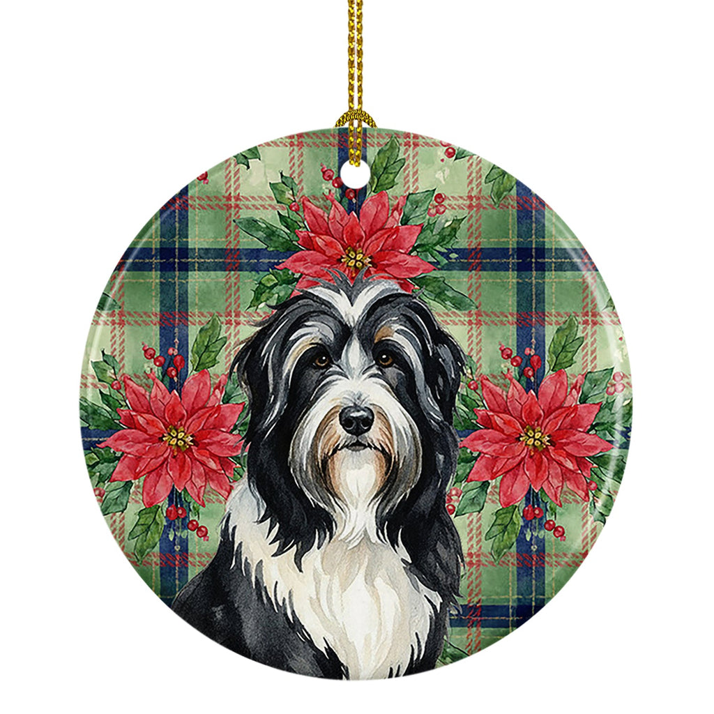 Black Bearded Collie Christmas PoinsettIas Ceramic Ornament Christmas Tree Hanging Decorations for Home Christmas Holiday, Party, Gift, 3 in, Multicolor