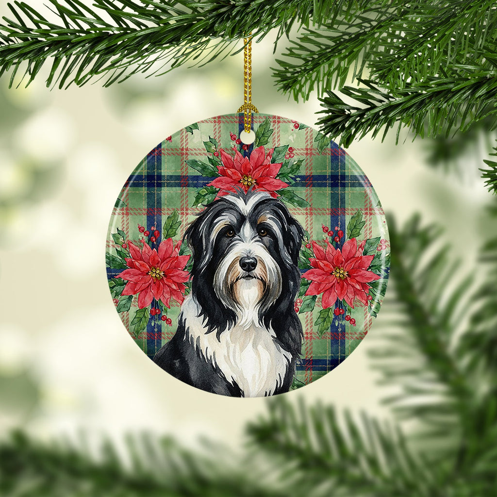 Black Bearded Collie Christmas PoinsettIas Ceramic Ornament Christmas Tree Hanging Decorations for Home Christmas Holiday, Party, Gift, 3 in, Multicolor
