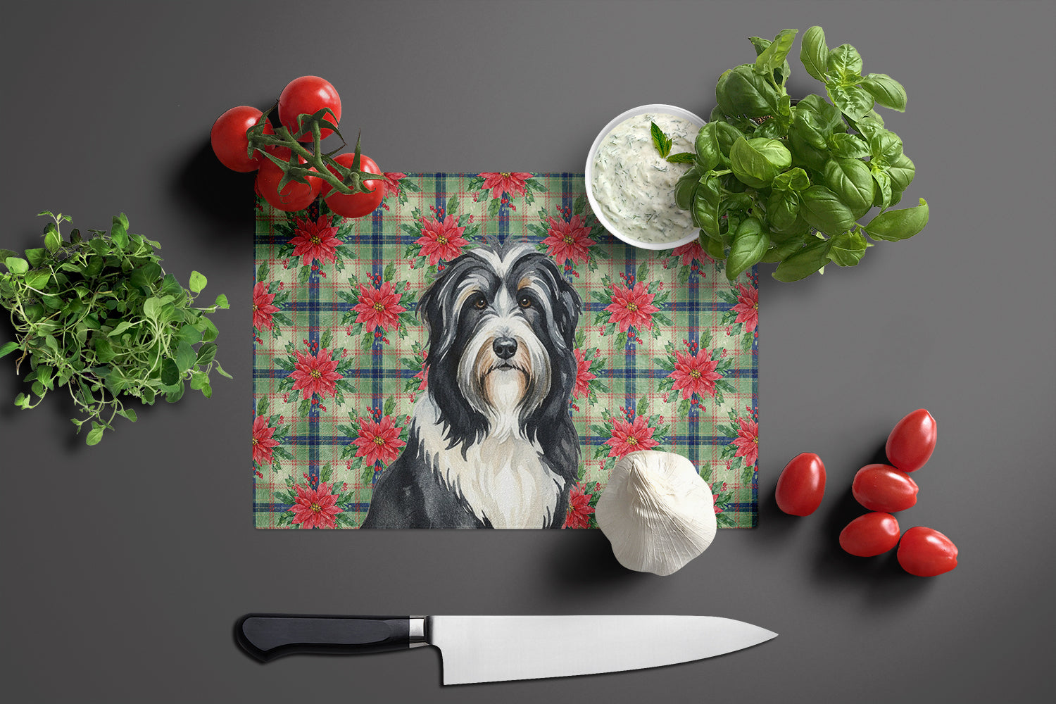 Black Bearded Collie Christmas PoinsettIas Cutting Board Tempered Glass Kitchen Cutting Surface, Heat Resistant Chopping, Non-Slip Feet, Food Prep & Serving
