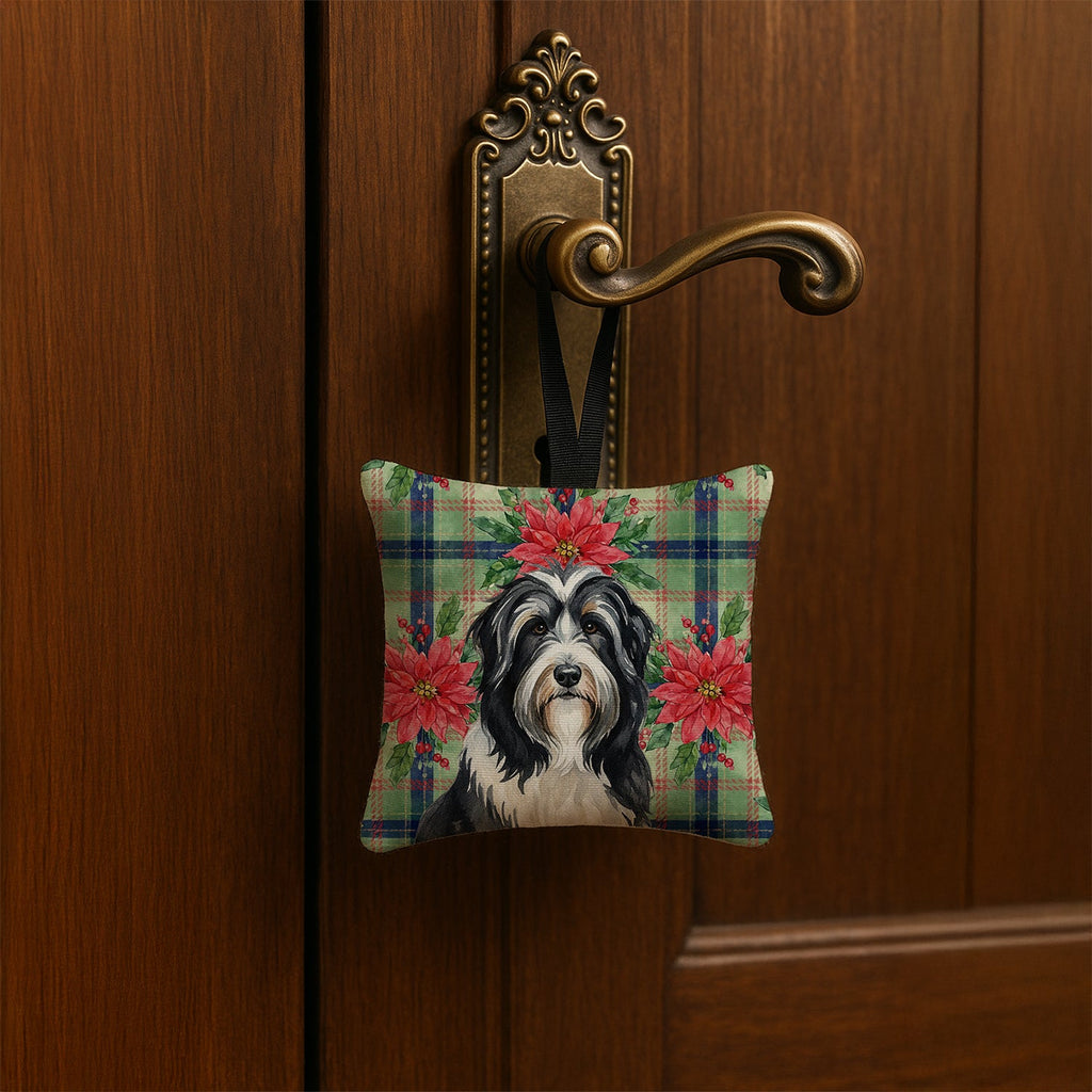 Black Bearded Collie Christmas PoinsettIas Hanging Square Fabric Ornament 3.5 � 3.5 Decorative Door-Knob & Tree Hanger, Soft Fabric