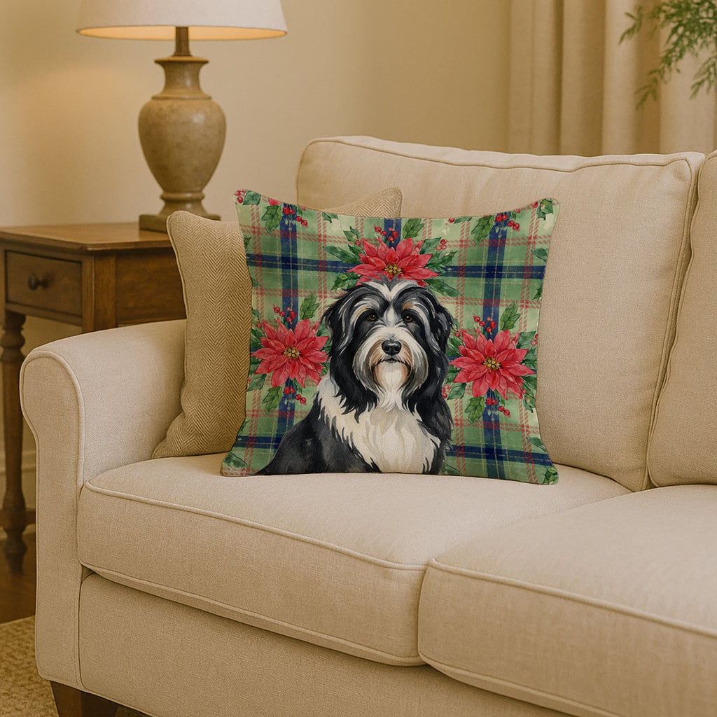 Black Bearded Collie Christmas PoinsettIas Decorative Throw Pillow 14x14 Indoor Outdoor Accent Cushion, Fabric Cover with Insert for Sofa, Bed, Porch & Living Room