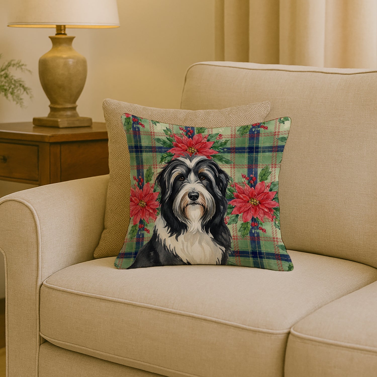 Black Bearded Collie Christmas PoinsettIas Decorative Throw Pillow 18x18 Indoor Outdoor Accent Cushion, Fabric Cover with Insert for Sofa, Bed, Porch & Living Room