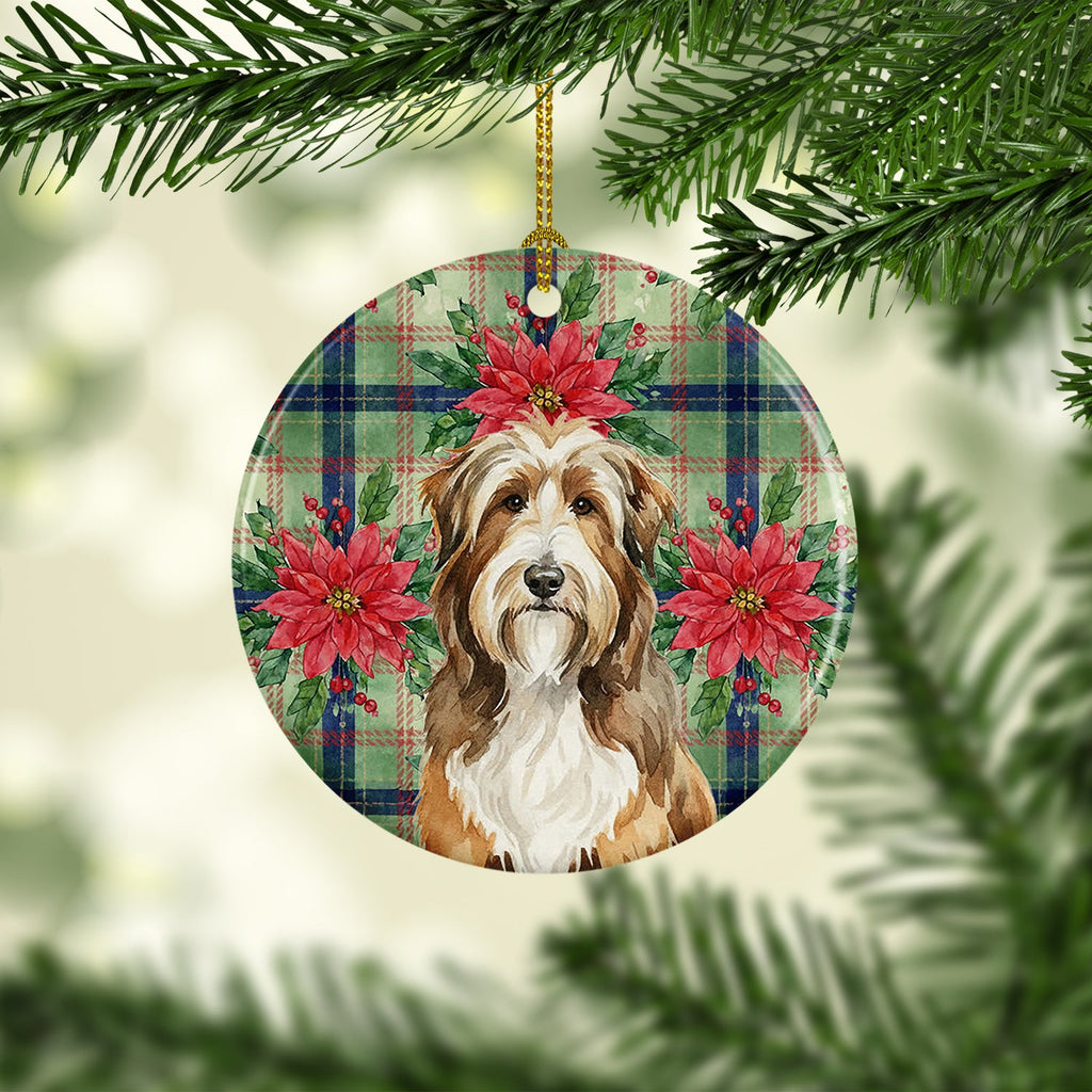 Brown Bearded Collie Christmas PoinsettIas Ceramic Ornament Christmas Tree Hanging Decorations for Home Christmas Holiday, Party, Gift, 3 in, Multicolor