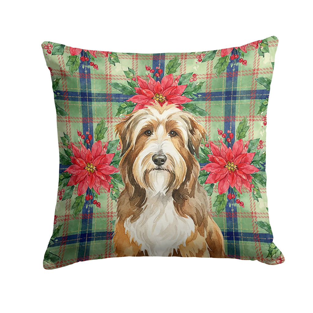 Brown Bearded Collie Christmas PoinsettIas Decorative Throw Pillow 14x14 Indoor Outdoor Accent Cushion, Fabric Cover with Insert for Sofa, Bed, Porch & Living Room