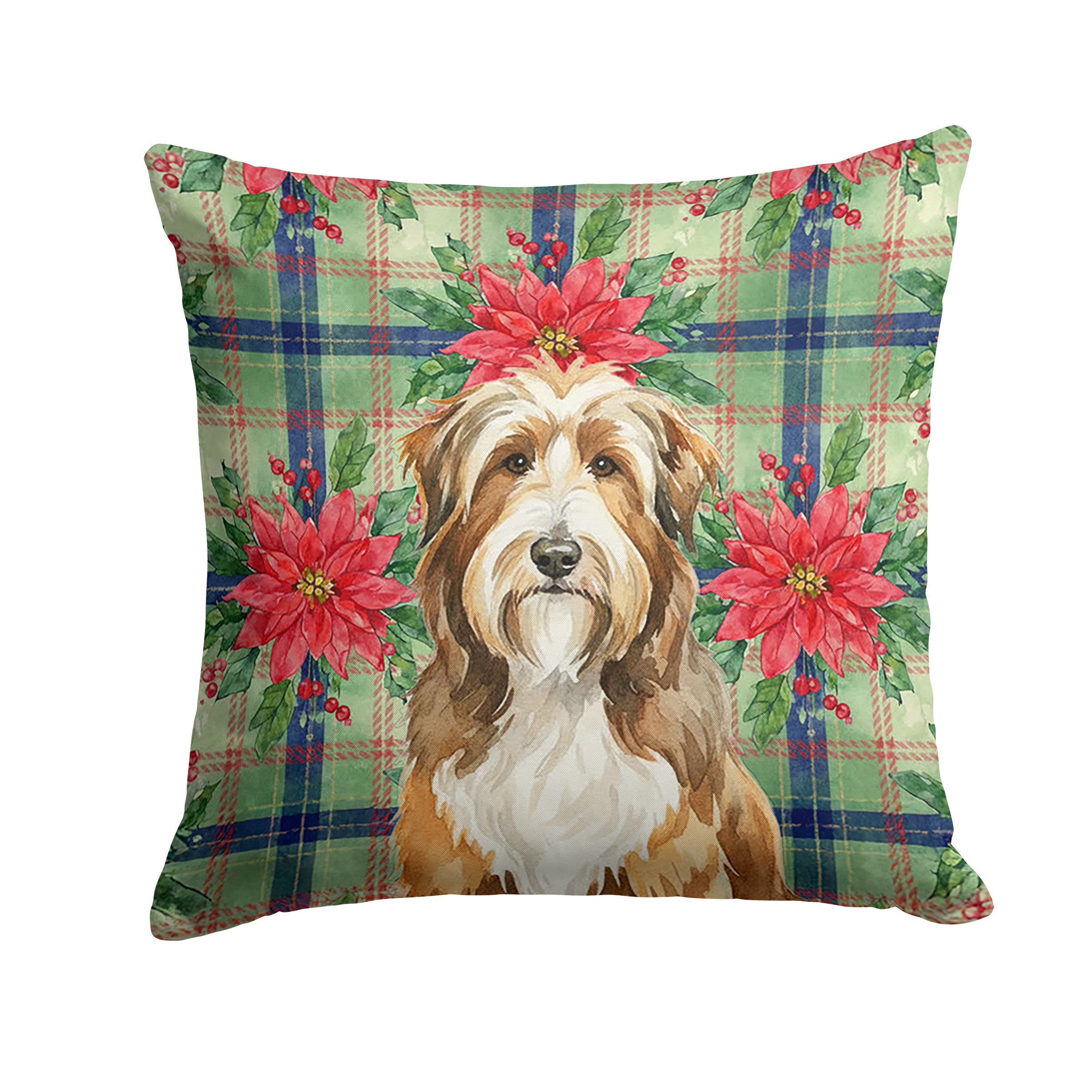 Brown Bearded Collie Christmas PoinsettIas Decorative Throw Pillow 14x14 Indoor Outdoor Accent Cushion, Fabric Cover with Insert for Sofa, Bed, Porch & Living Room