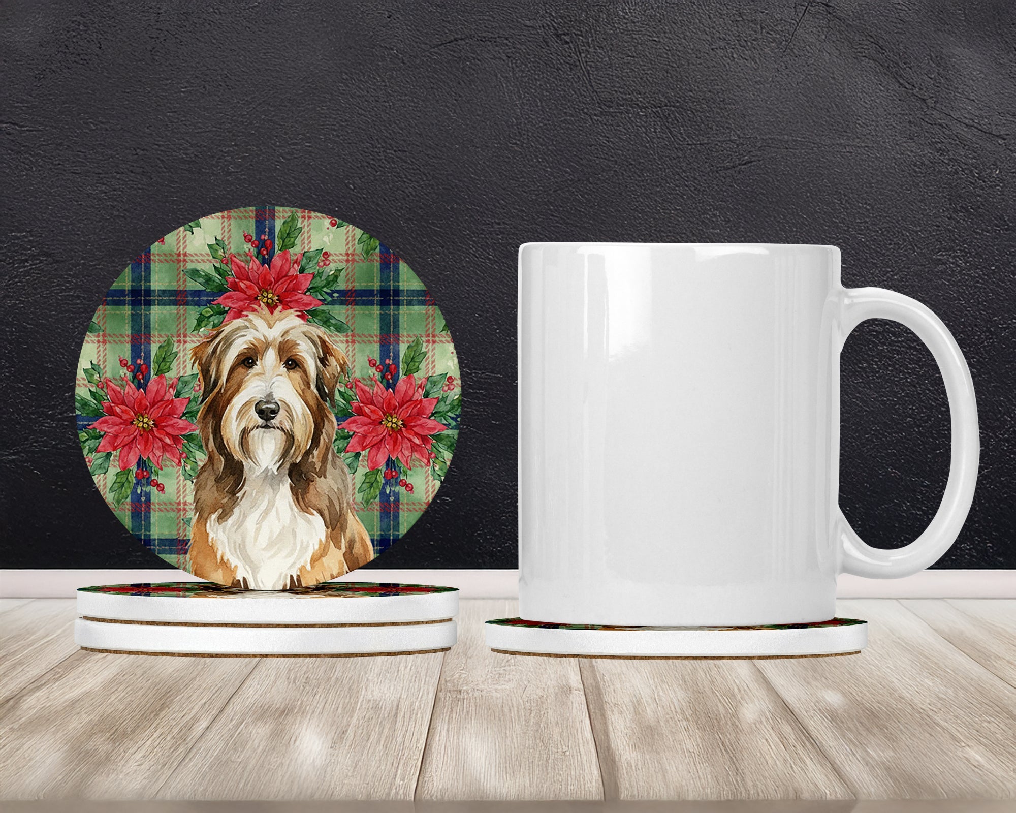 Brown Bearded Collie Christmas PoinsettIas Large Sandstone Coasters Pack of 4 Absorbent Round Coasters Decor Gifts for Men or Women, 4 in, Multicolor