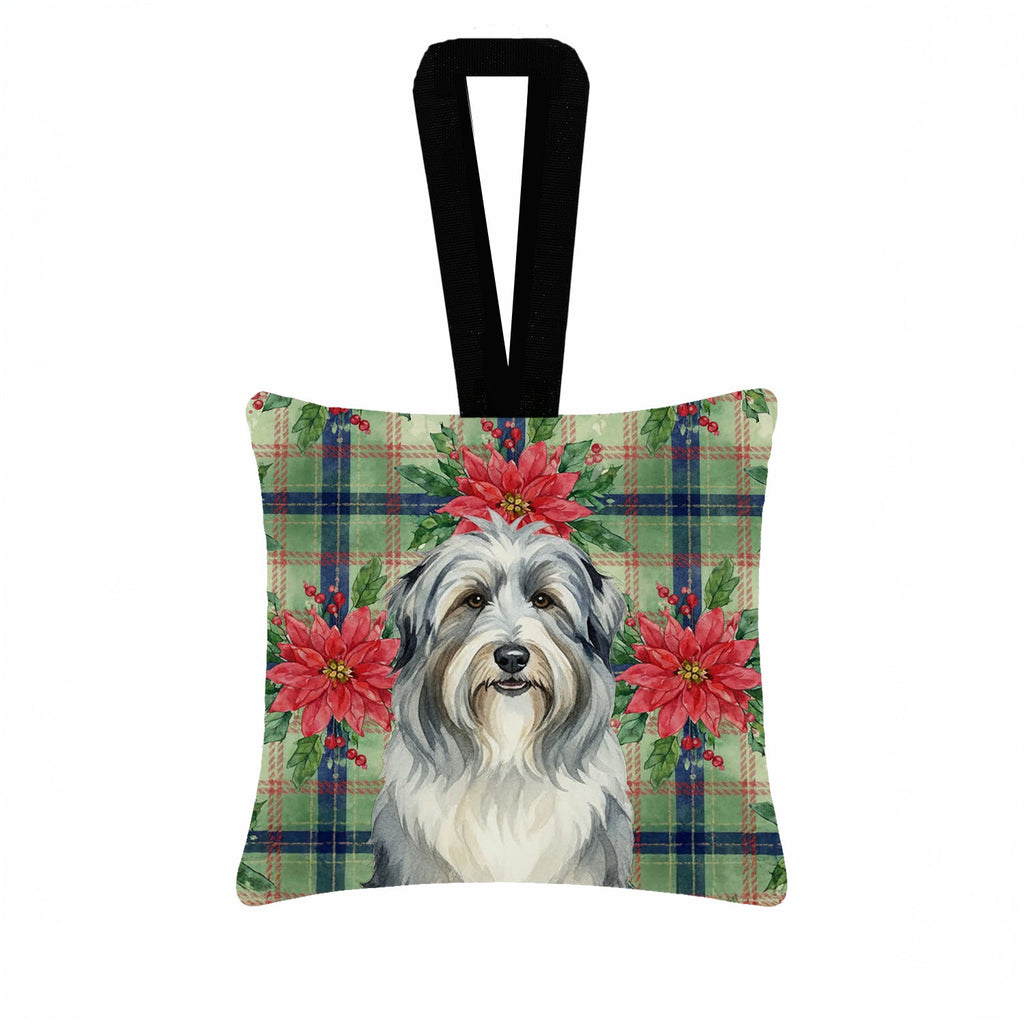 Bearded Collie Christmas PoinsettIas Hanging Square Fabric Ornament 3.5 � 3.5 Decorative Door-Knob & Tree Hanger, Soft Fabric